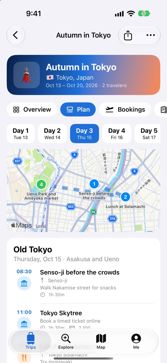 Day-by-day plan on a map