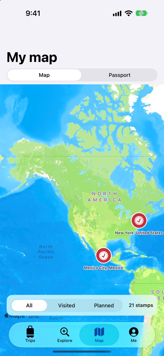 Map with visited stamps and planned pins